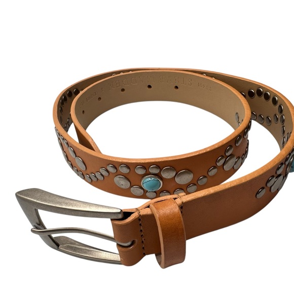 Steve Madden Accessories - Steve Madden Studded Tan Leather Western Belt Faux Turquoise Boho Cowgirl Small